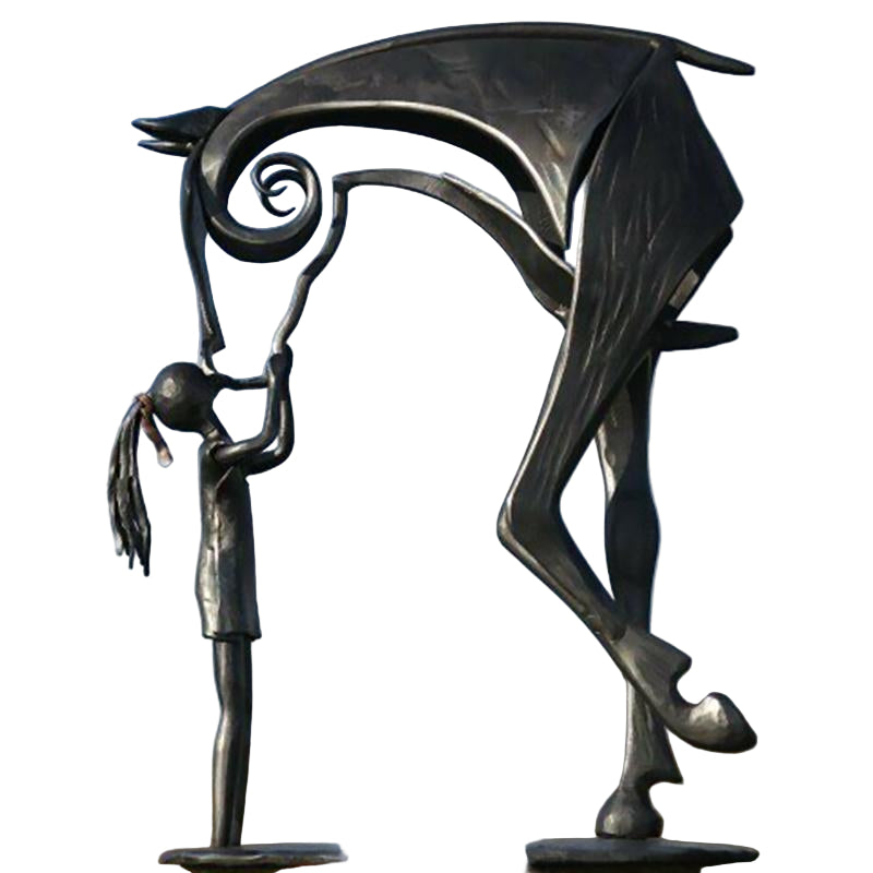 Kunstnerisk hestestatue i metall for hagedekor utendørs; værbestandig og elegant hagepynt.