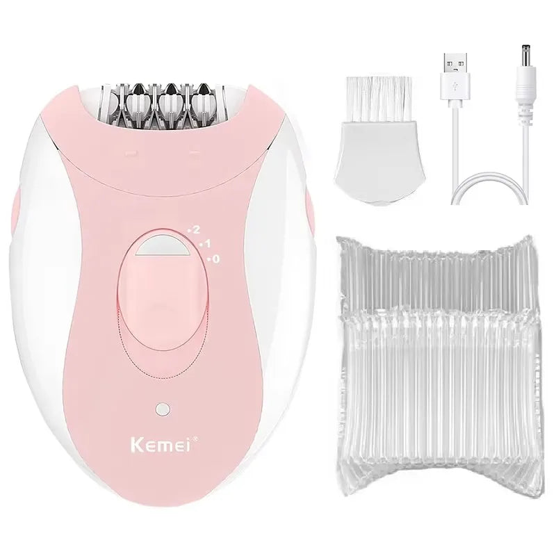 Komplett sett: Kvinne epilator med tilbehør for ansikt, kropp og bikinilinje. For glatt hud.