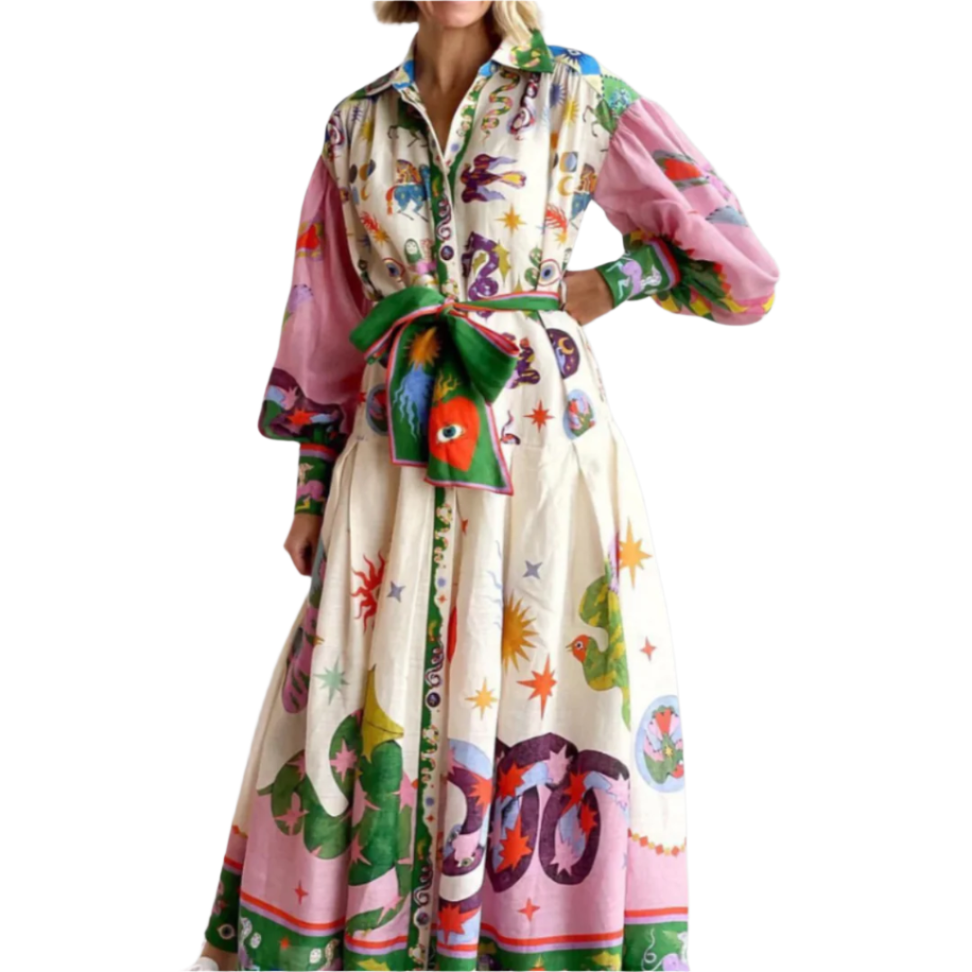 Kvinne maxikjole med voluminøse ermer og belte, elegant for fest, vår og sommer, mønstret design.