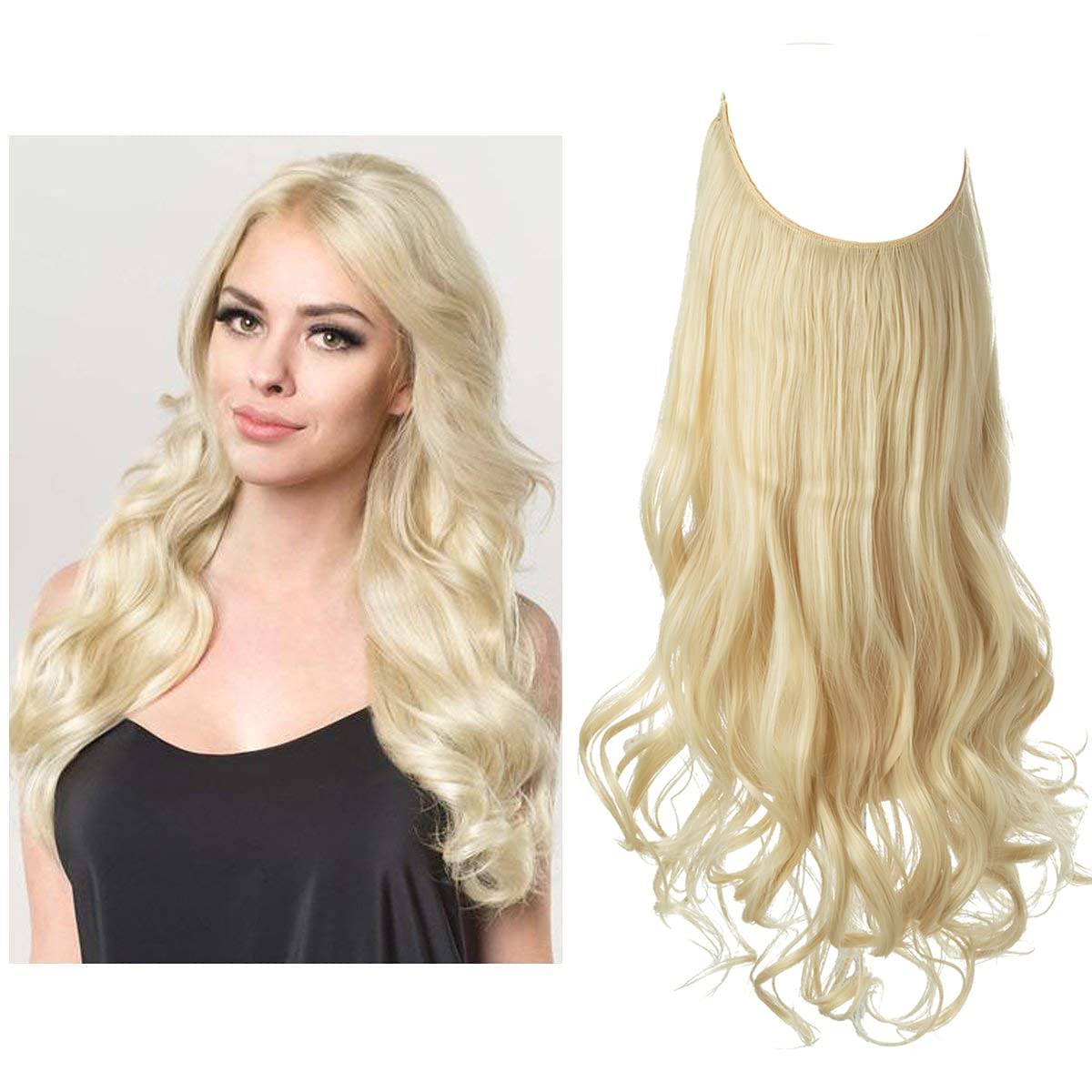 Blond usynlig hårforlengelse som gir naturlig volum og lengde for kvinner.