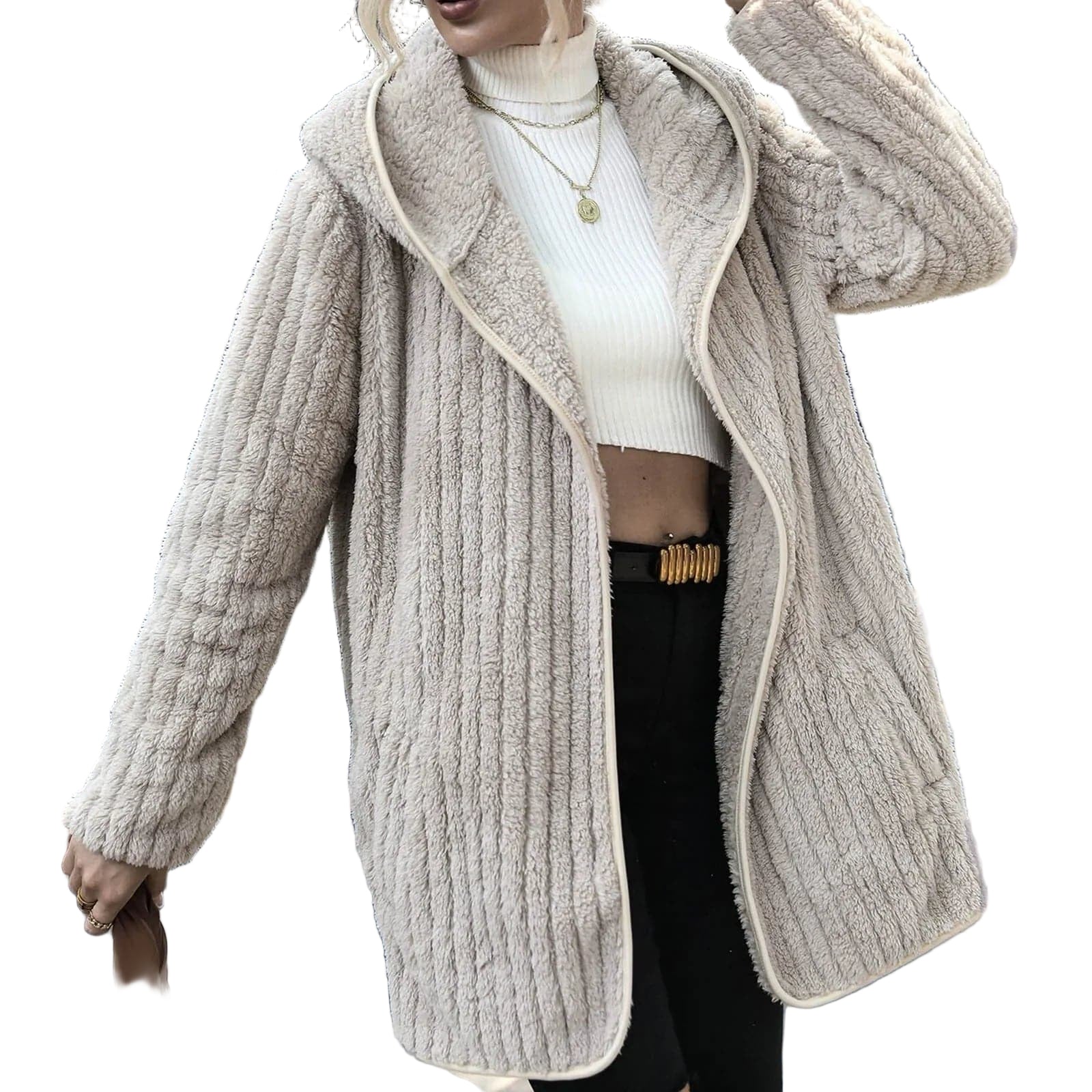Kvinne oversized hettecardigan for hverdagskomfort. Komfortabel, trendy, ribbet lagpålag plagg for høst/vinter.