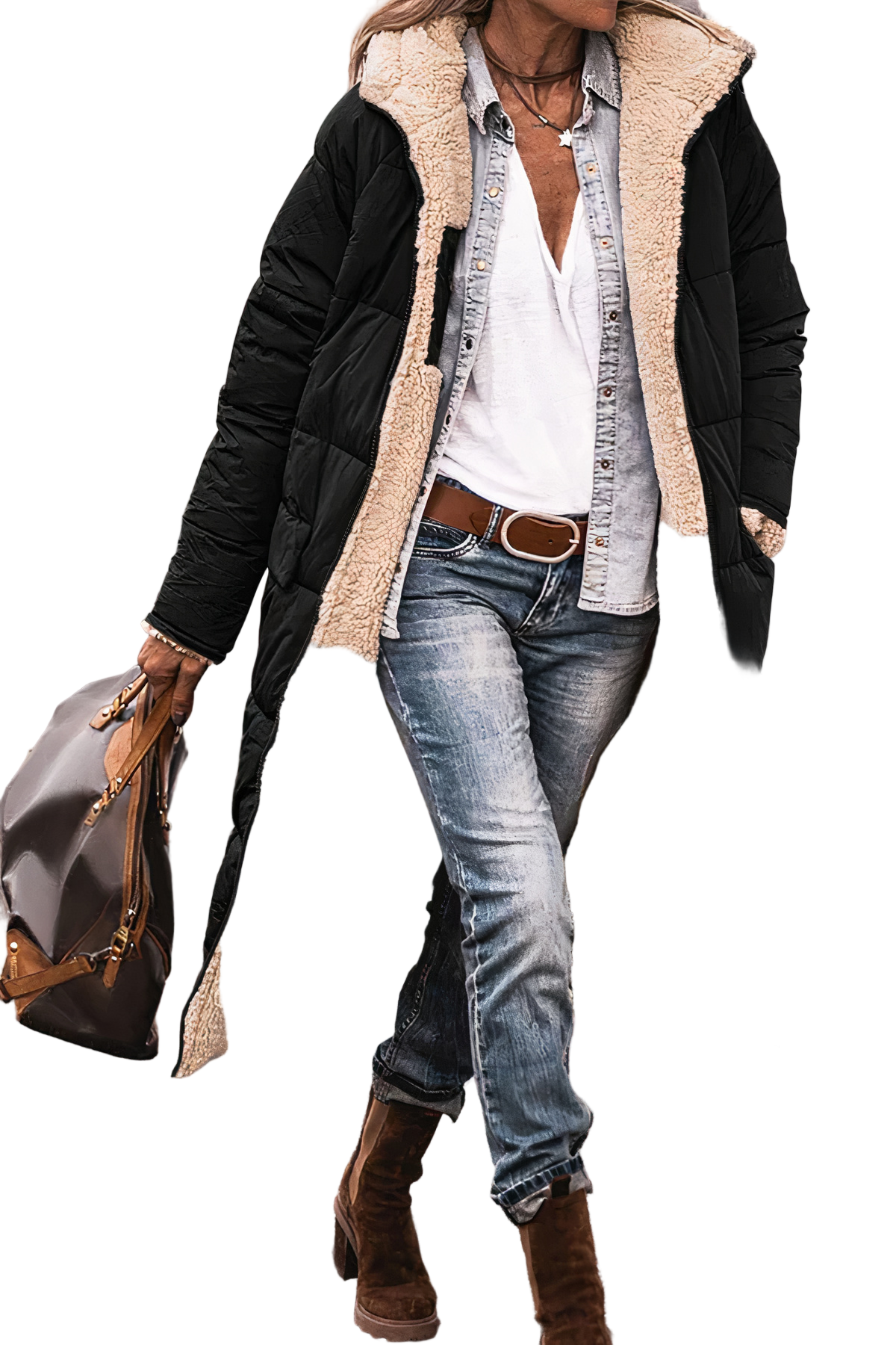 Kvinne parkas vinterjakke med hette. Dobbelsidig design for allsidig vintermote, lang og varm.