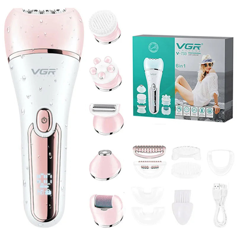 Skånsom 6-i-1 kvinneepilator for ansikt og sensitive områder. Vanntett design, to hastigheter, USB-lading.