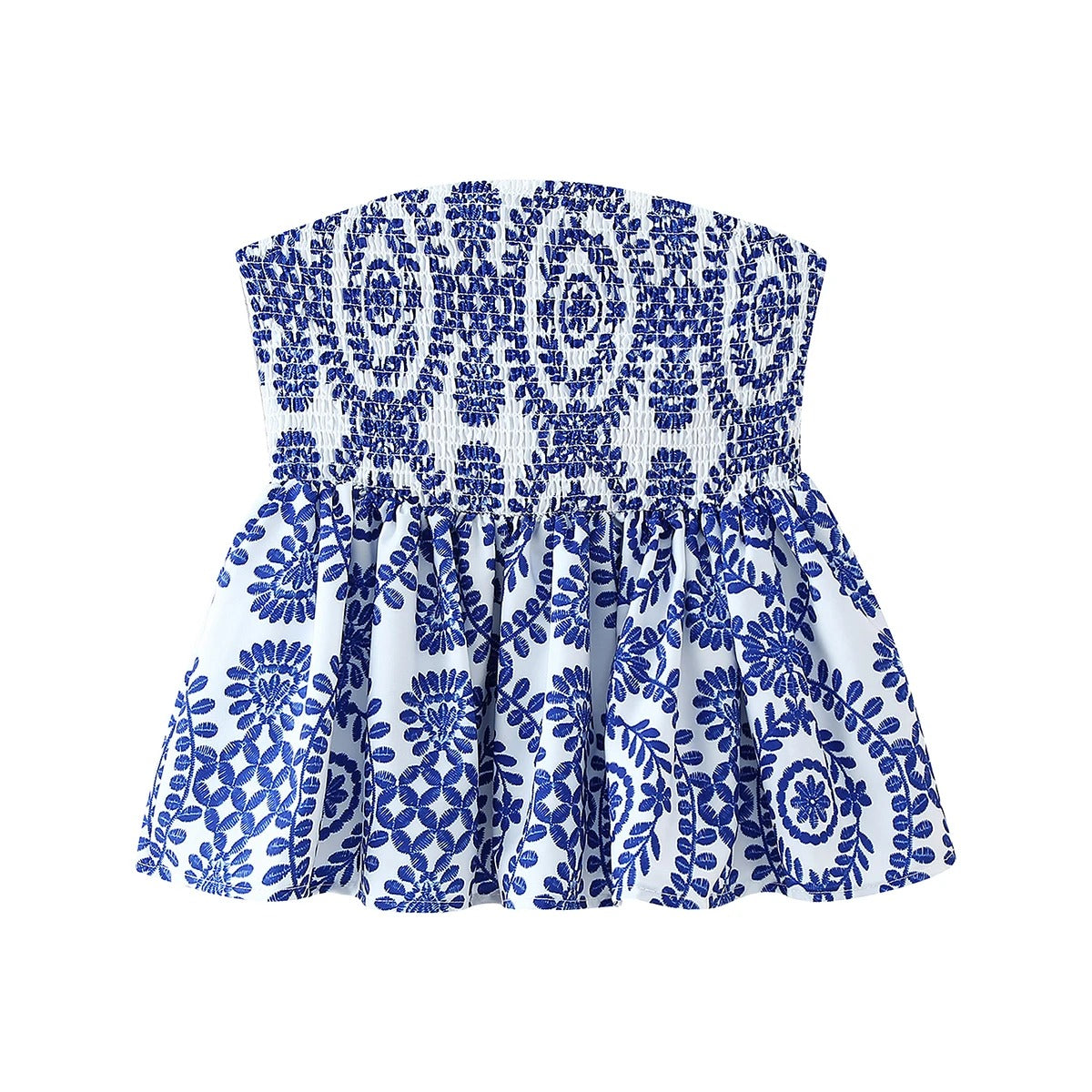 Kvinner blomster crop topp med volanger, stroppeløs, perfekt for sommerfest.