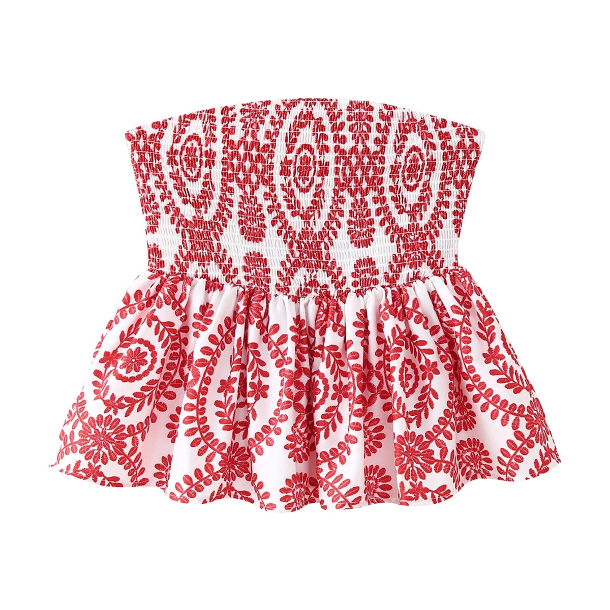 Trendy stroppeløs blomster crop topp for kvinner, volanger, komfortabel sommermote.