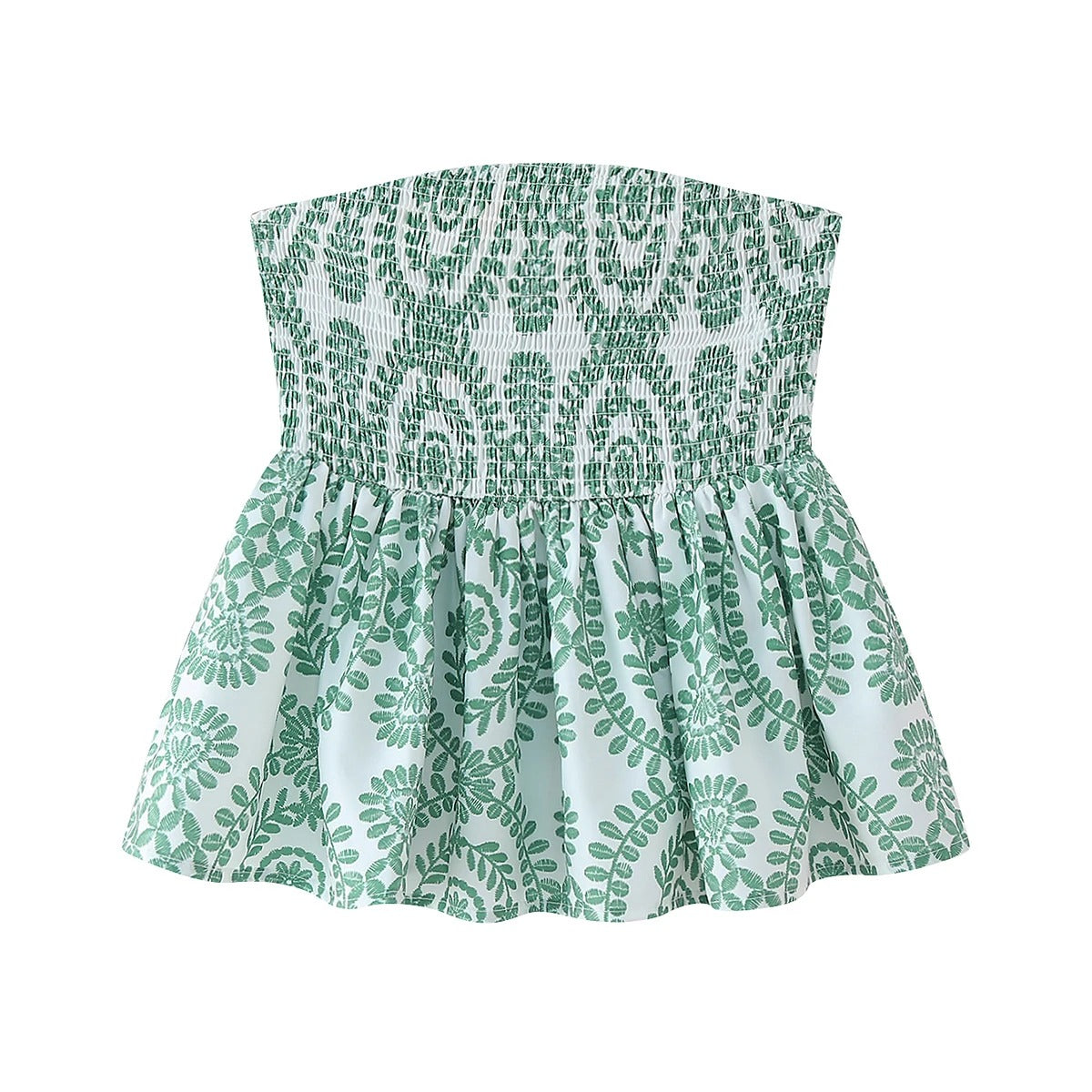 Kvinner crop topp med blomstermønster og volangdetaljer, stroppeløs, ideell for sommer.
