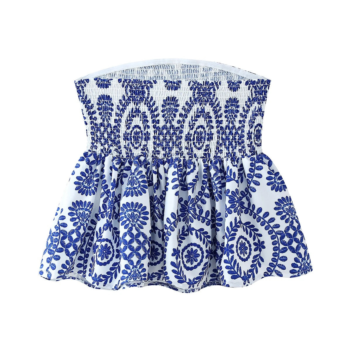 Komfortabel blomster crop topp med volanger, stroppeløs, passer til både fest og fritid.