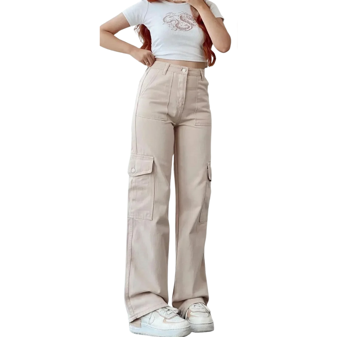 Kvinner cargobukser med flere lommer, vide ben, komfortabel fritidsbukse i beige, streetwear stil.