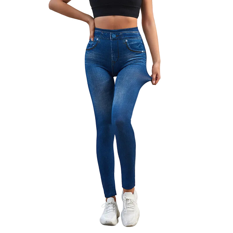 Kvinner jeans-leggings med høy midje og slank passform, perfekt for hverdagsstil og mote.