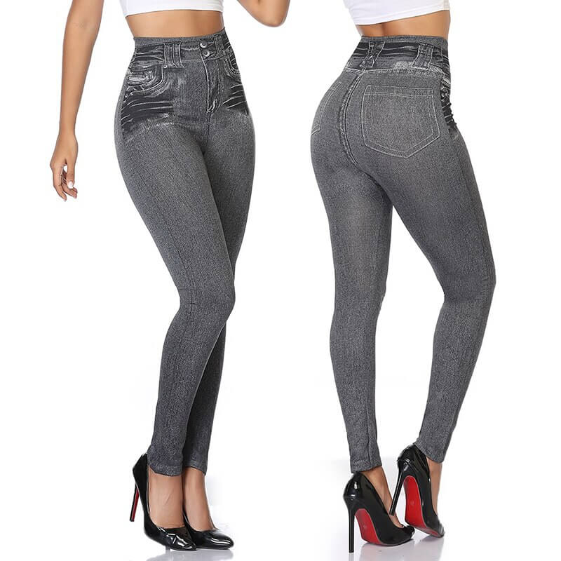 Jeans-look leggings for kvinner, høy midje og slank passform, kombinerer stil, stretch og komfort.