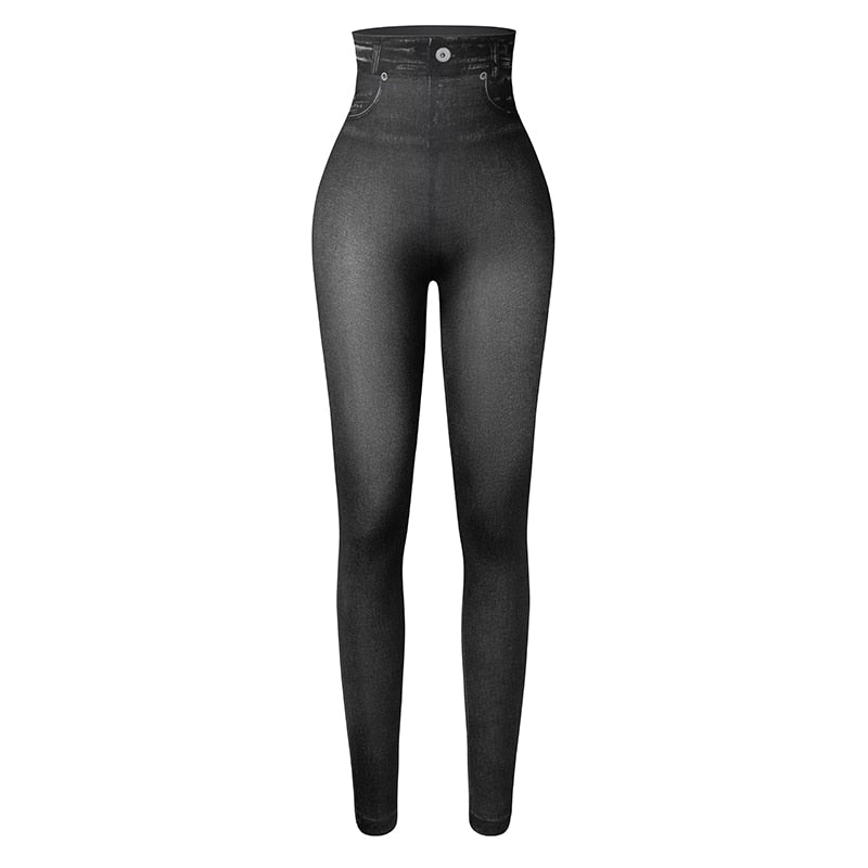Forfra: Jeans-leggings for kvinner med høy midje, slank passform og god stretch for bevegelsesfrihet.