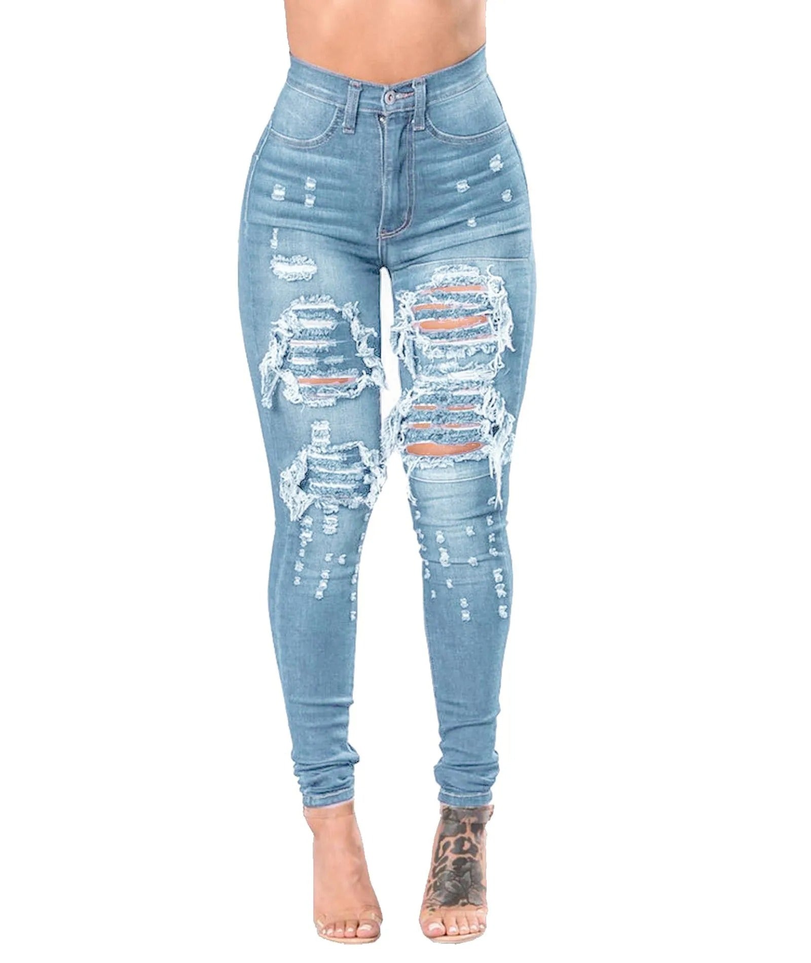 Kvinner rippede skinny jeans med høy midje, perfekte for en trendy og komfortabel casual stil.
