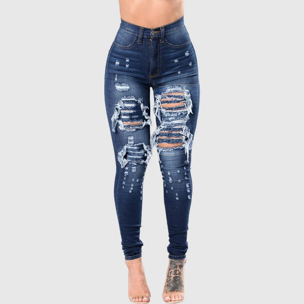 Komfortable fashion jeans med høy midje for kvinner, rippede detaljer og en trendy look.
