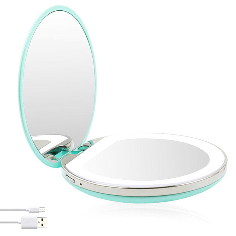 Lukket bærbart LED sminkespeil med innebygd belysning, viser elegant og slank design.