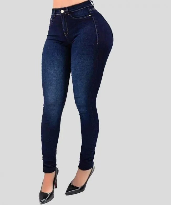 Elegant blå høy midje shaping-jeans for kvinner, stretchmateriale gir optimal komfort og bevegelsesfrihet.