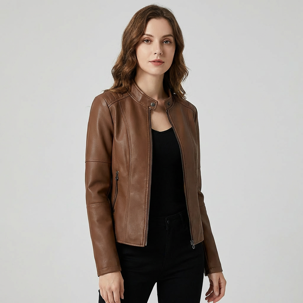 Kvinner skinnjakke i moto-stil av PU-skinn, slimfit design, perfekt for urban gatestil, tilgjengelig i flere farger.