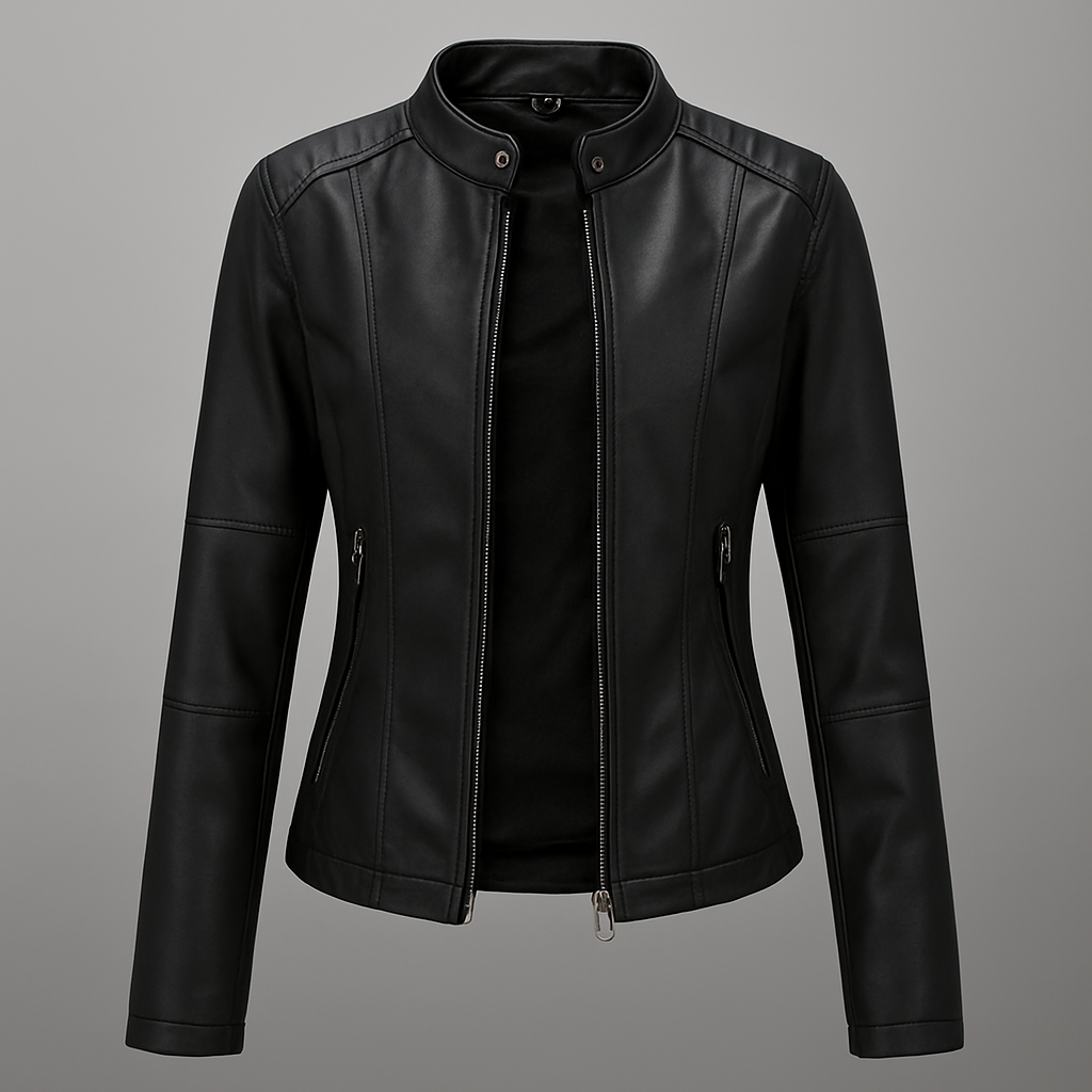 Rød skinnjakke for kvinner, moto-stil med glidelåsdetaljer, vanntett PU-skinn. Ideell overgangsjakke for dame.