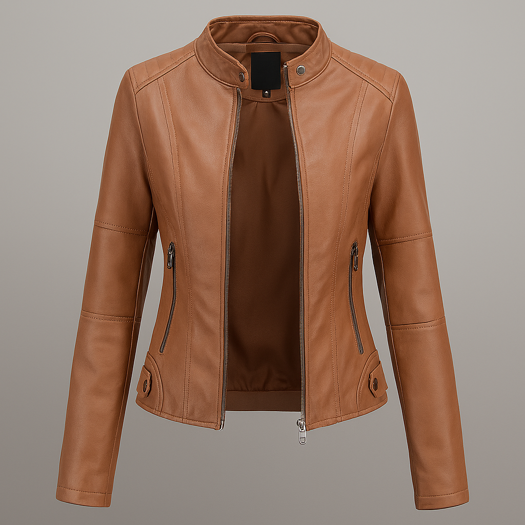 Elegant beige PU-skinnjakke for kvinner, moto-stil. Allsidig overgangsjakke for gatestil og hverdag.
