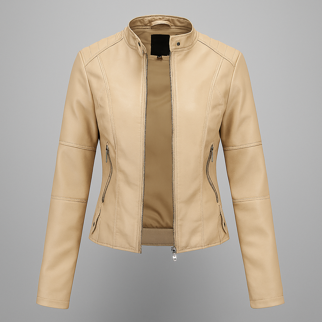 Mørkebrun skinnjakke for kvinner med moto-stil, glidelåser og krage. Perfekt for en edgy look i urbane omgivelser.