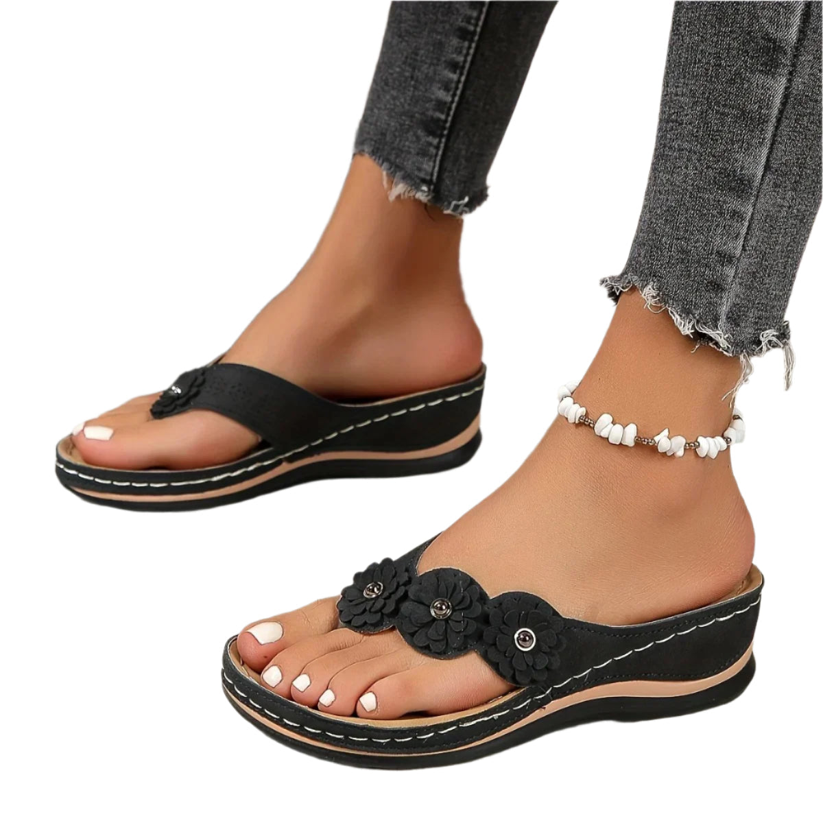 Kvinner slip-on strandtøfler med blomstermønster; komfortable sandaler for sommer og fritid.