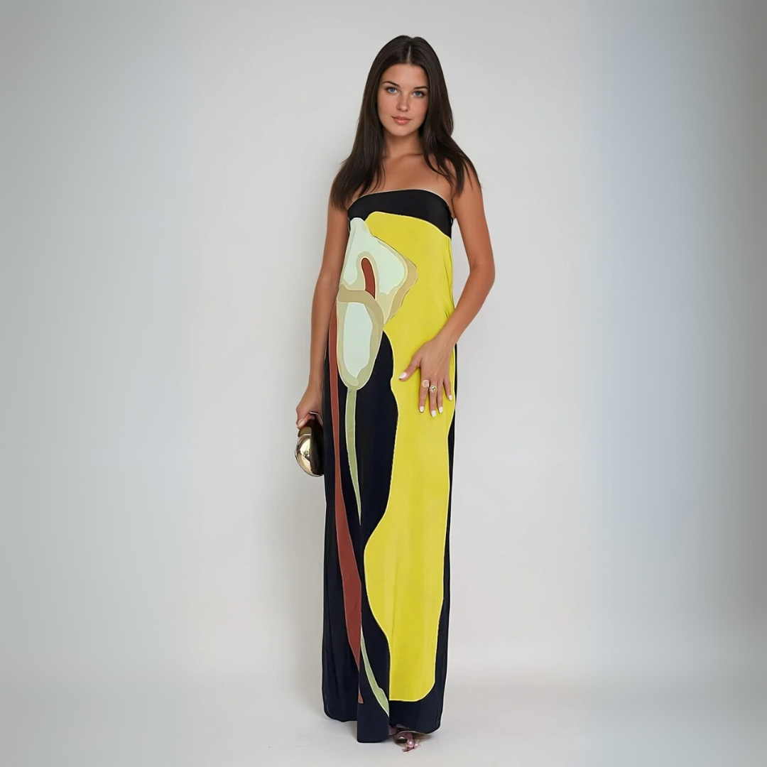 Fargerik strapless maxikjole til dame med unikt kunstnerisk mønster, en behagelig sommer- og festkjole.