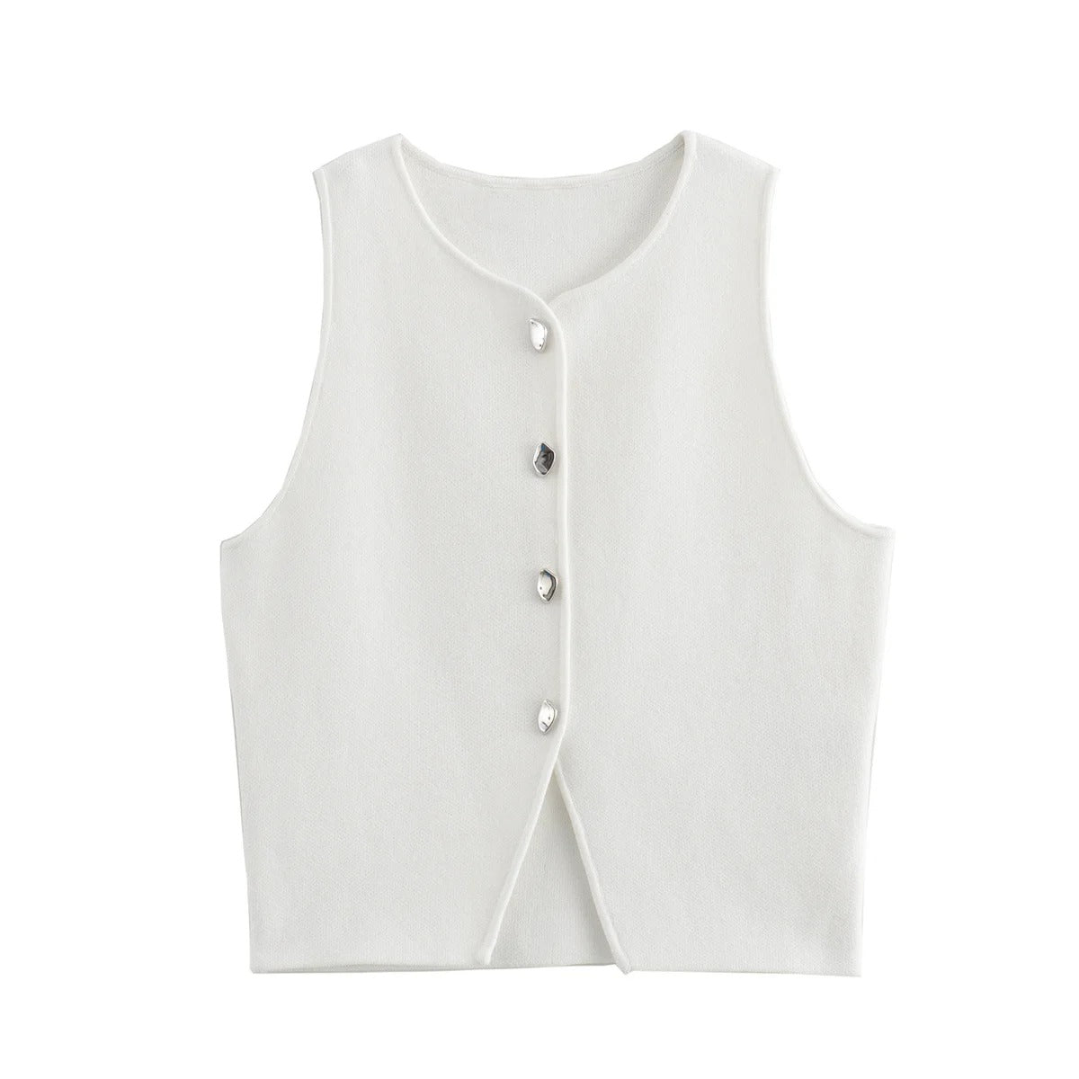 Komfortabel strikket crop topp for damer med knappedetaljer, ideell for vår og sommer.