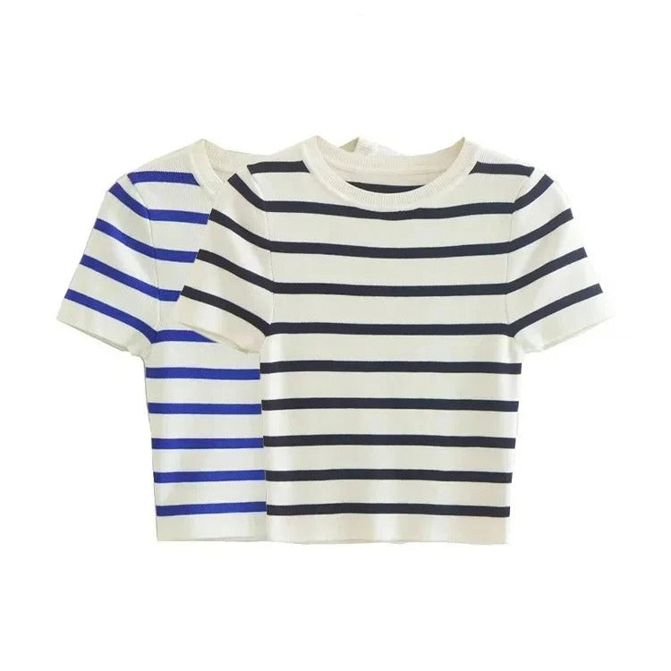 Moteinspirert stripete strikket cropped topp for kvinner. En allsidig fritidstopp for varme dager.