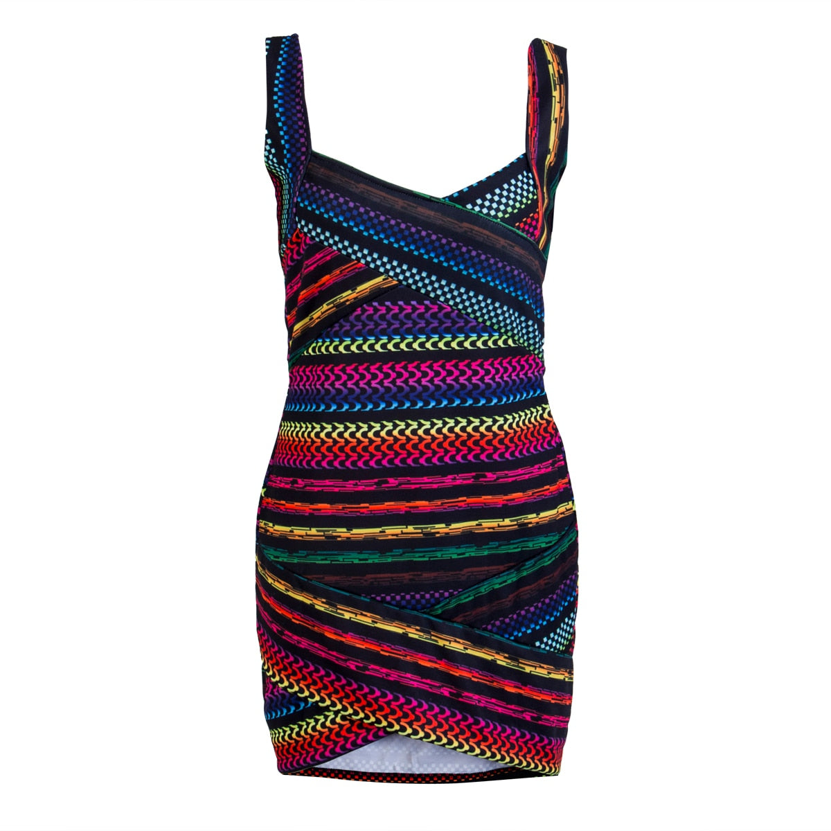 Sommerlig stripet bodycon minikjole. Kvinner partykjole med ermeløs design.
