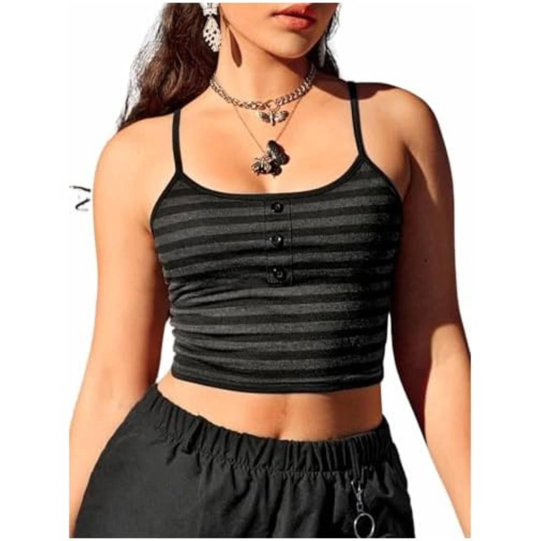Moteriktig stripete crop top for kvinner med spaghettistropper, en must-have for trendy streetstyle.