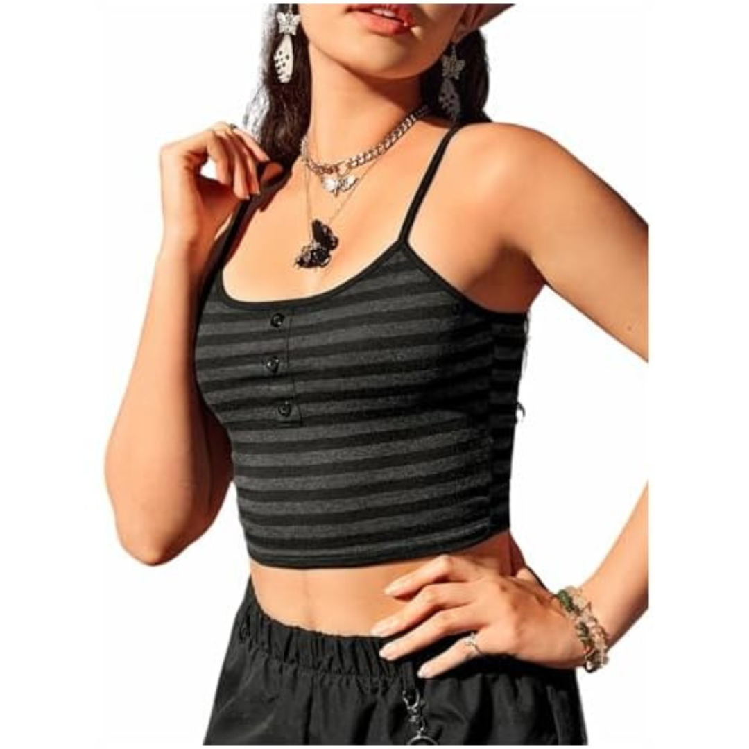Lettvekts stripete crop top for kvinner med spaghettistropper, ideell for sommerens streetstyle antrekk.