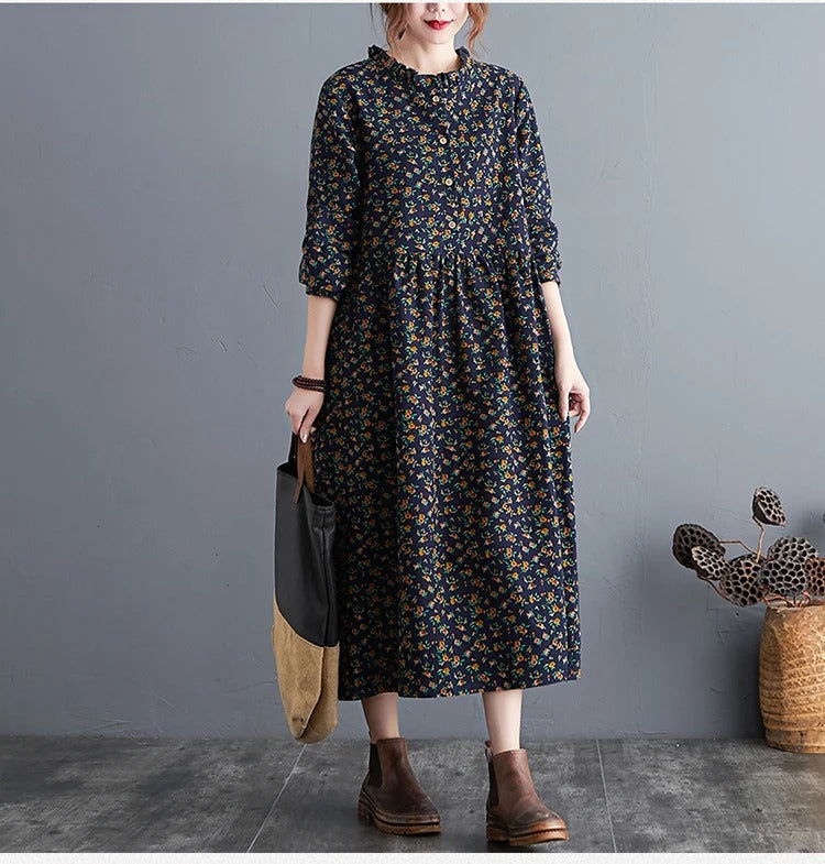 Kvinner langermet blomstret kjole. Elegant vintage stil med volanger, komfortabel for fritid og hverdag.
