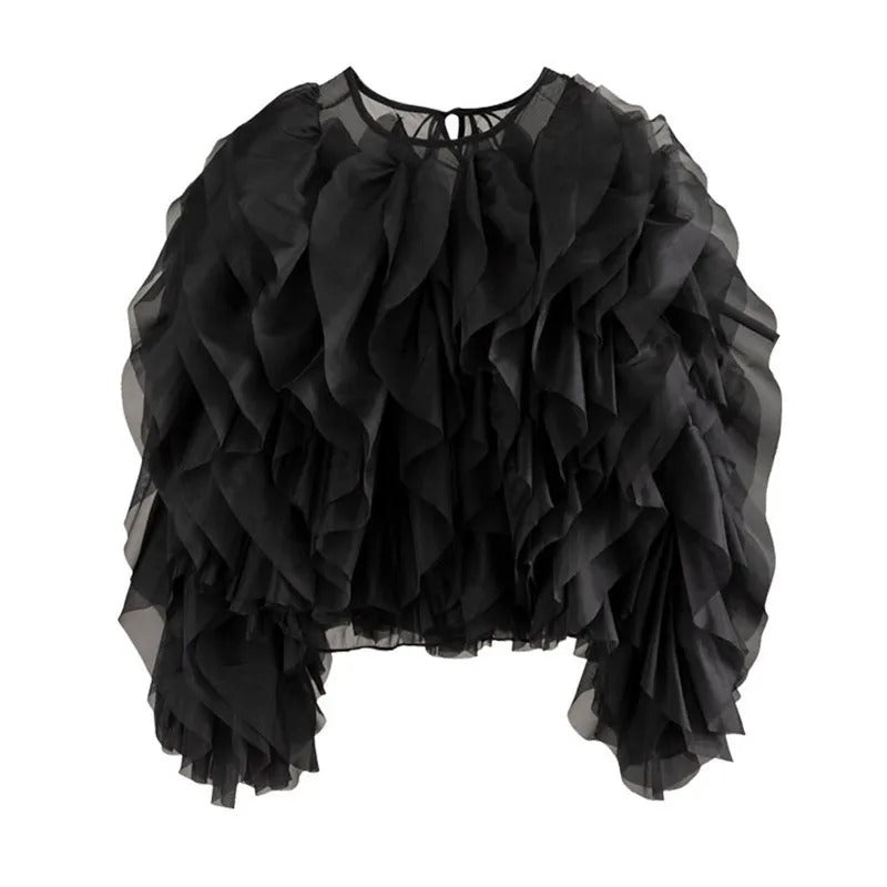 Kvinner volangerskjorte med O-hals, langermet og elegant. Perfekt bluse for vår- og sommermote.
