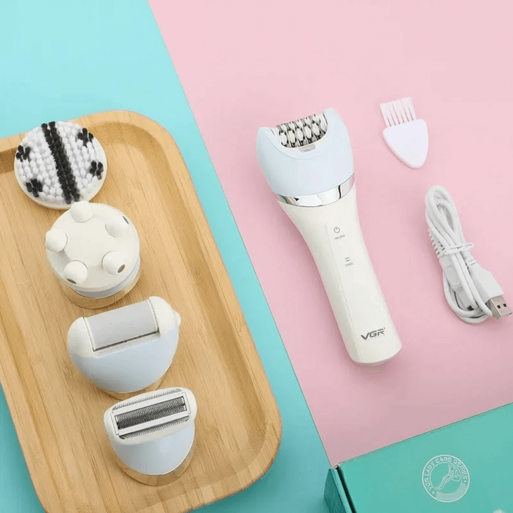Vanntett 5-i-1 epilator, ideell for bruk i dusjen, sikrer skånsom og glatt hudfjerning.