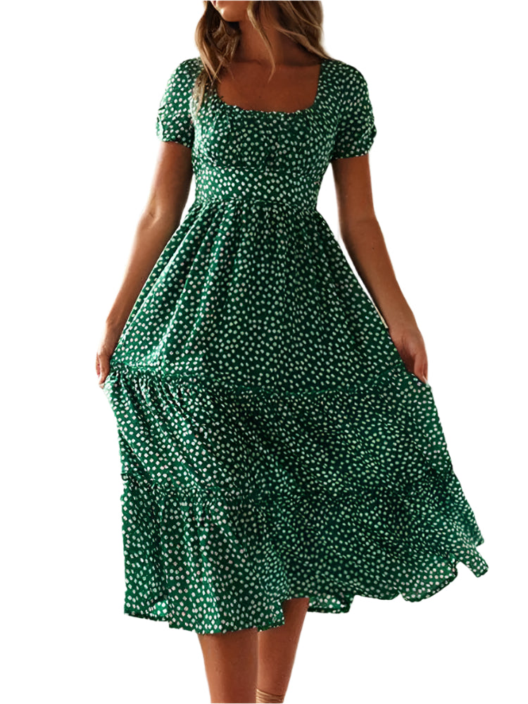Kvinners blomstret maxikjole med elegante puffermer og firkantet hals. Perfekt for sommeren.