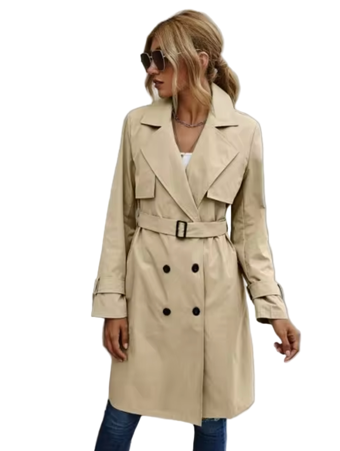 Kvinners dobbelspent trenchcoat i klassisk stil med belte, perfekt for elegant vår- og høstantrekk.