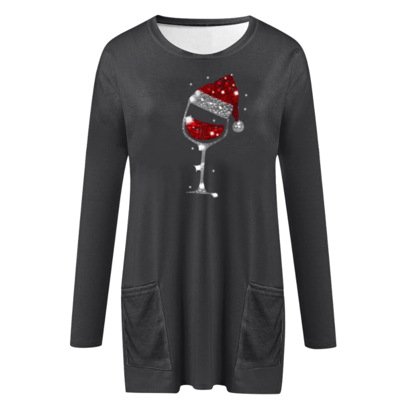 Kvinners festlige julegenser med grafisk design av vinglass og nissehatt. Perfekt for høytiden.