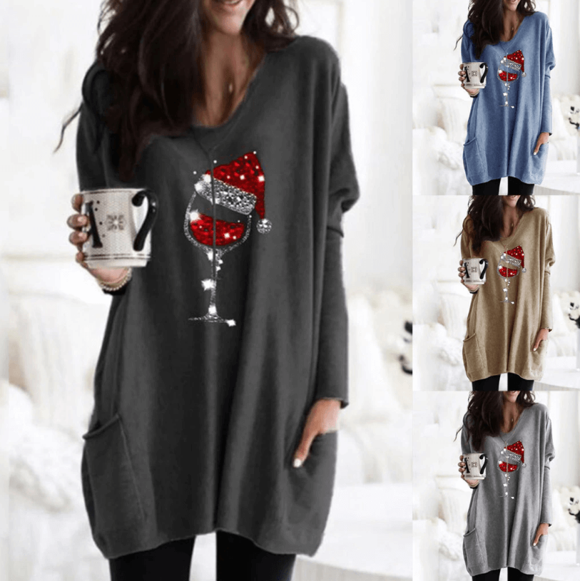 Julegenser med unikt vin- og nissehatt-motiv, designet for kvinner som elsker julemote.