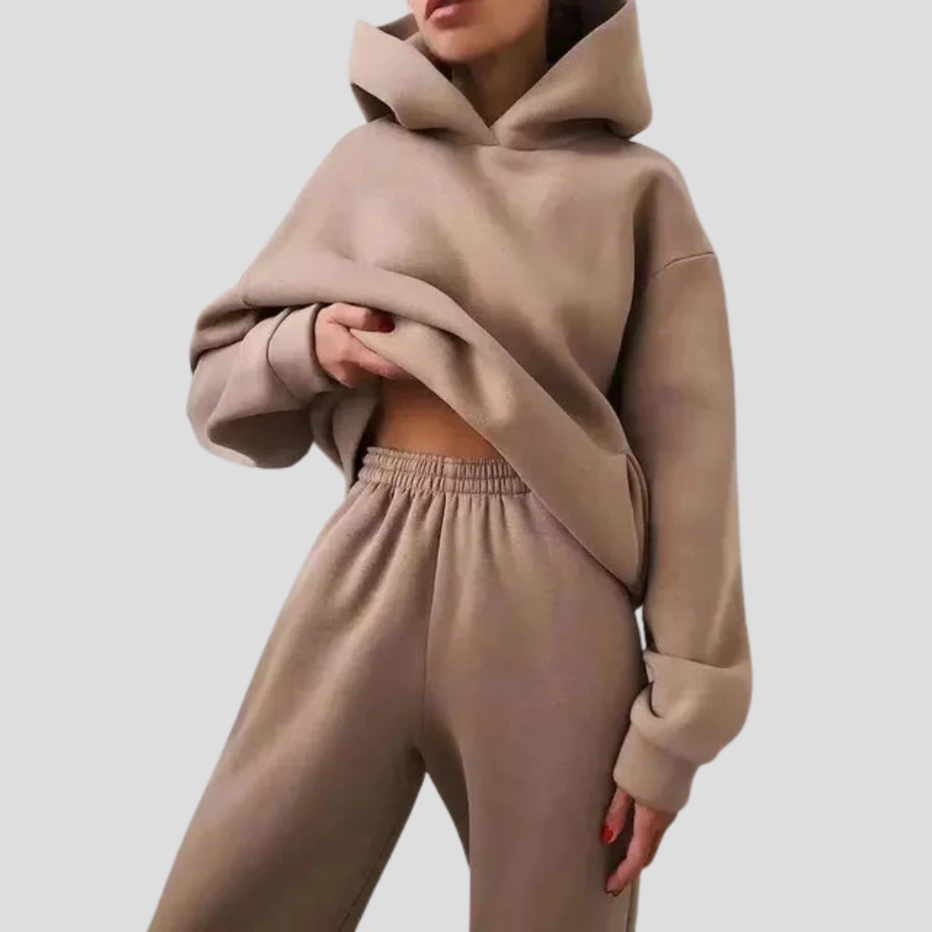 Avslappet hettegenser og joggebuksesett for kvinner, myk og komfortabel loungewear for vinteren.