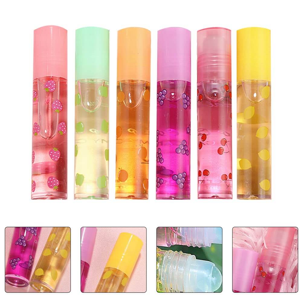 Kvinners lipgloss sett med 6 fruktige farger for skinnende, fuktige lepper.