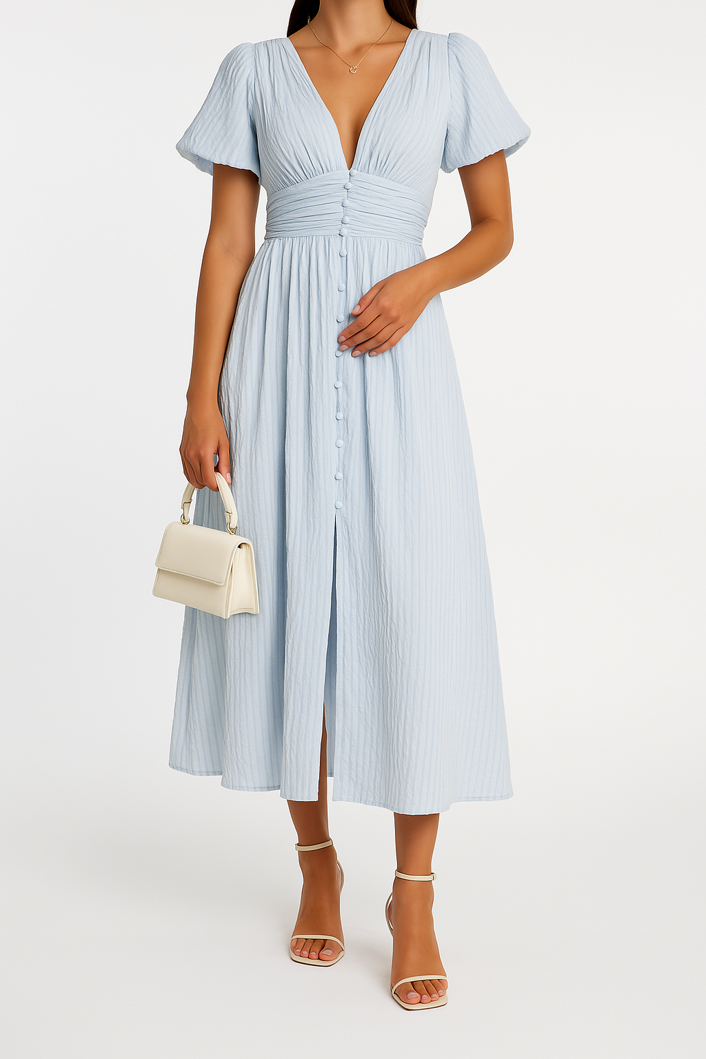 Elegant sommerkjole for kvinner; lang kjole med flatterende V-hals og voluminøse puffermer.