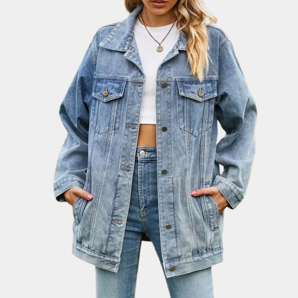 Trendy oversize denimjakke i retrostil til dame. En allsidig vår- og høstjakke som passer til alt.