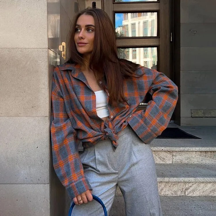 Gul og grønn oversized rutete skjorte for kvinner, langermet. Tidløs casual mote.