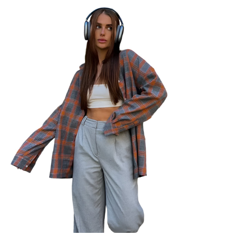 Rosa oversized rutete skjorte for kvinner, langermet. Trendy casual kvinneklær, perfekt for høsten.