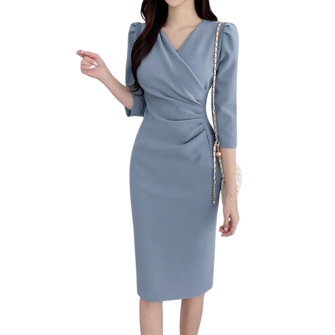 Khaki V-hals bodycon kjole, knelang, med trekvart ermer, elegant arbeidsdress for kvinner.