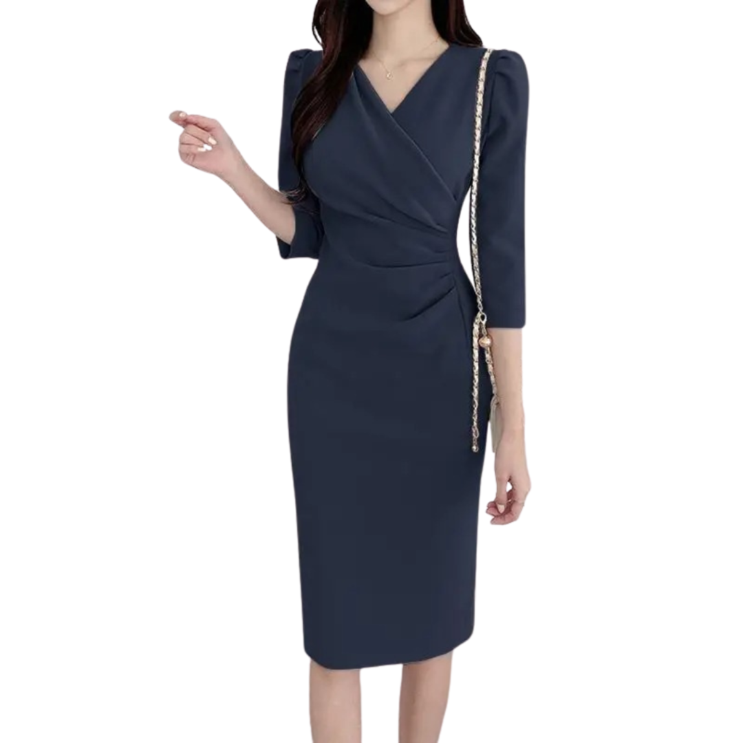 V-hals bodycon kjole for kvinner, knelang arbeidsdress med elegante trekvart ermer.