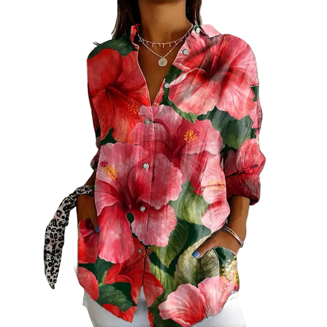 Kvinners vintage bluse i fargerik blomsterprint, elegant for hverdagsbruk og festtopp.