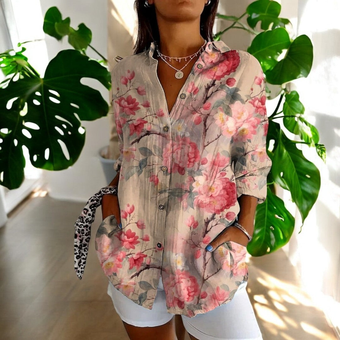 Klassisk vintage bluse, fargerik blomsterprint, langermet og elegant for kvinner.