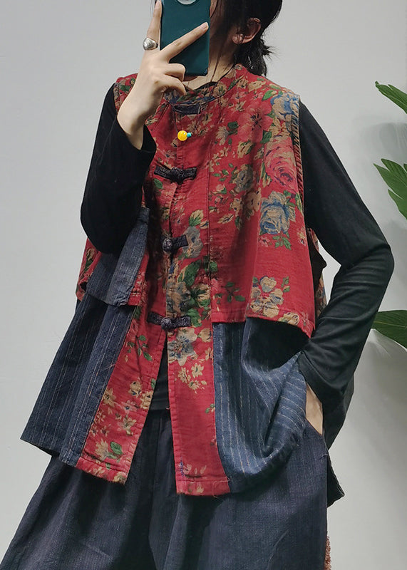 Stilig kvinnes ermeløs vest i vintage stil. Unik vest med tradisjonelle kinesiske knapper og patchwork design.