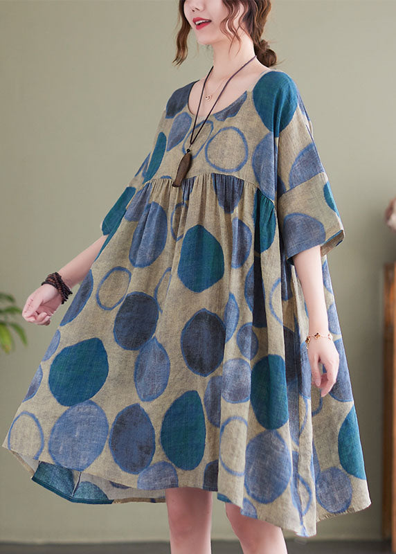 Trendy blå og oransje patchwork sommerkjole for dame; løs passform, O-hals, korte ermer, ideell for ferie.