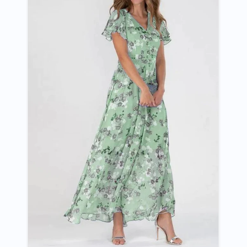 Elegant blomstret sommer maxi kjole for kvinner, med lekne sommerfuglermer, ideell som fest- eller fritidskjole.